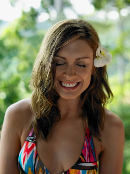 Young Woman Bikini Flower Hair — Stock Photo, Image