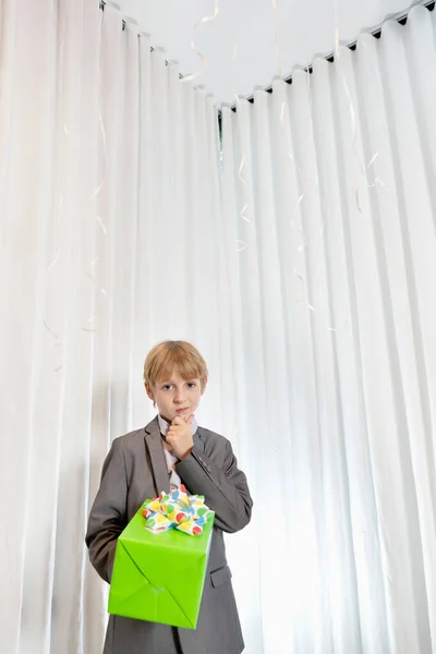 Portrait Boy Hand Chin Giving Gift — Stock Photo, Image