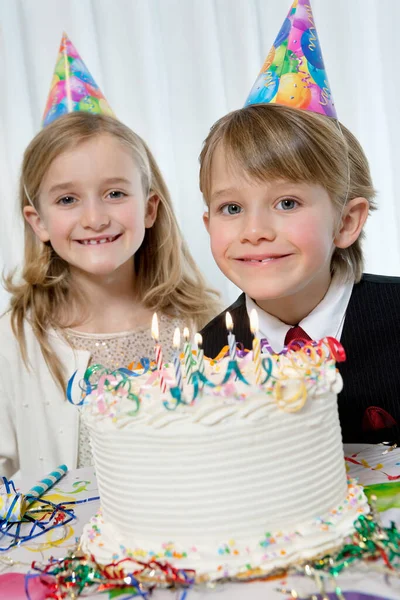 Portrait Happy Birthday Boy Sister Cake Stock Image