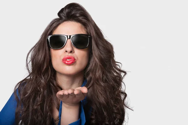 Portrait Young Woman Sunglasses Blowing Kiss Gray Background — Stock Photo, Image