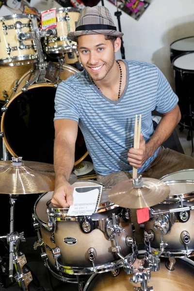 Portrait Young Customer Drum Set Music Store — Stock Photo, Image