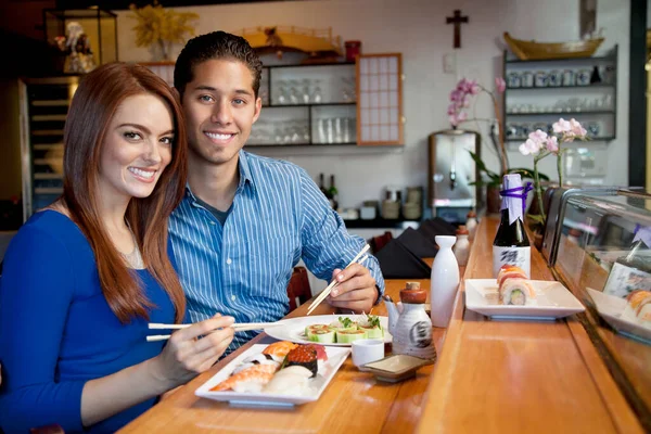 Portrait Young Couple Eating Japanese Cuisine Restaurant — Stock Photo, Image