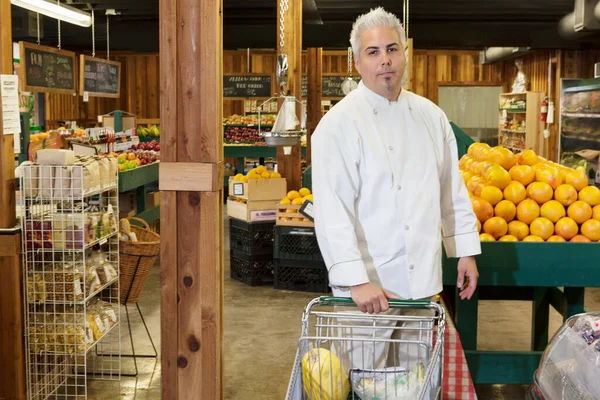 Portrait Mid Adult Chef Shopping Cart Farmer Market — Stock Photo, Image