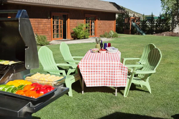 乡间别墅前的饭桌和椅子上有烤肉烤架 — 图库照片