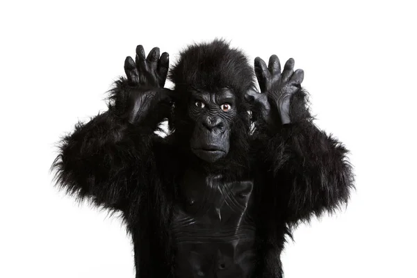 Hombre Joven Disfraz Gorila Haciendo Cara Divertida Contra Fondo Blanco — Foto de Stock