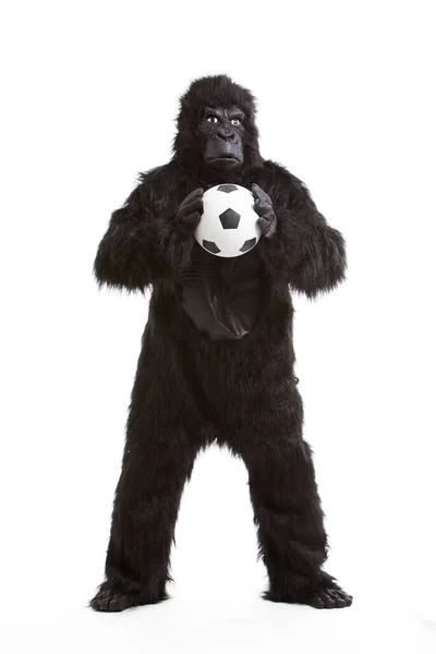 Jongeman Gorilla Kostuum Houden Voetbal Tegen Witte Achtergrond — Stockfoto