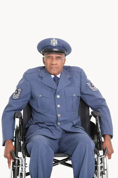 Portrait Disabled Senior Male Air Force Officer Wheelchair Gray Background — Stock Photo, Image