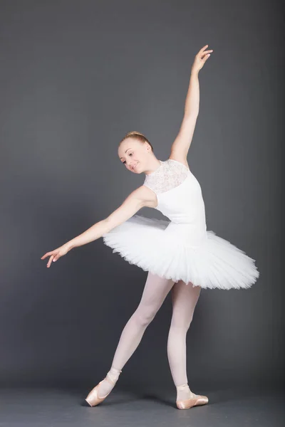 Young Female Ballet Dancer Dancing Grey Background — Stock Photo, Image