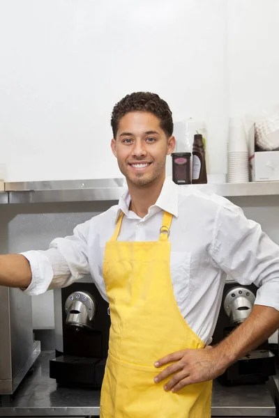 Portrait Young Male Waiter Standing Hand Hip — Stock Photo, Image
