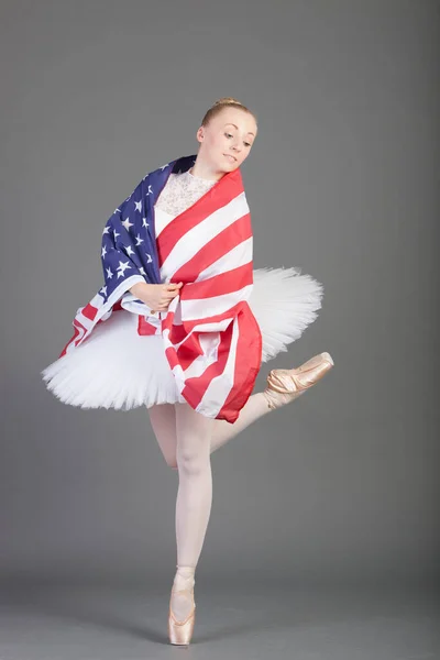 Portrait Young Ballet Dancer Dancing American Flag — Stock Photo, Image