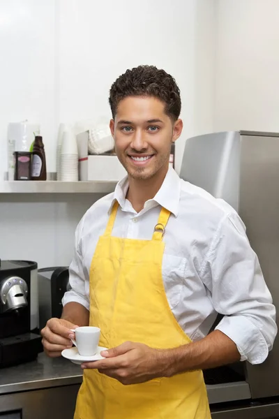 Portrait Young Male Waiter Holding Cup Saucer — Stock Photo, Image