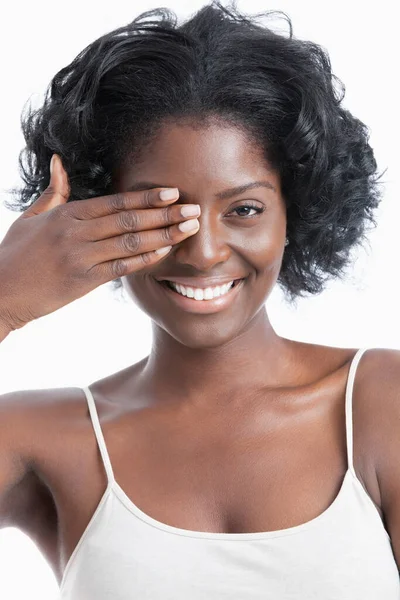 Portrait Une Jeune Femme Ludique Avec Main Sur Les Yeux — Photo