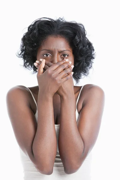 Portrait Scared Young Woman Hands Mouth — Stock Photo, Image