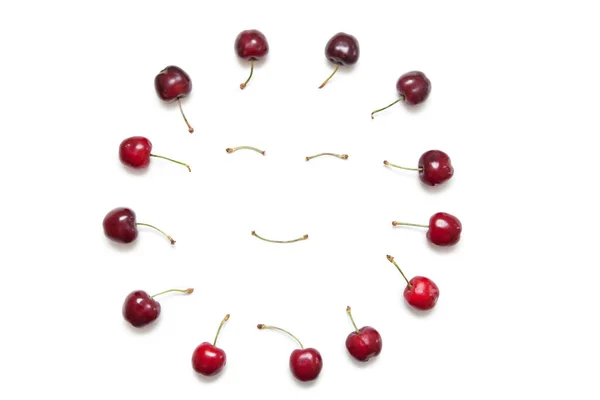 Cherries Surrounding Smiley Face Made Stems White Background — Stock Photo, Image