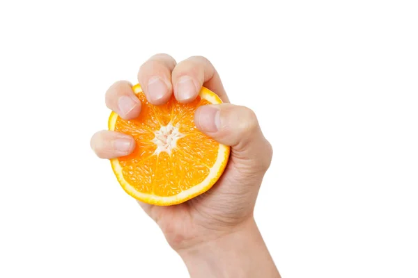 Cropped Shot Hand Holding Sliced Juicy Orange White Background — Stock Photo, Image