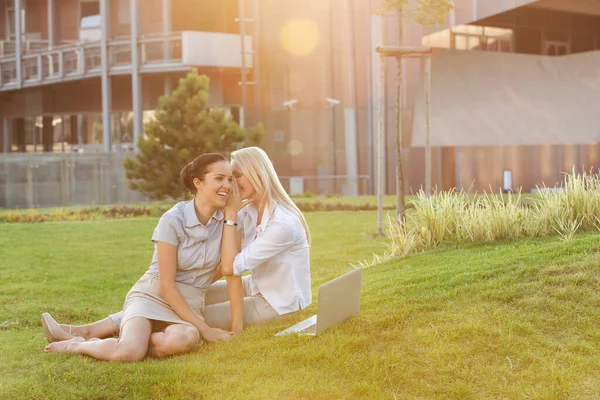 若い実業家はオフィスの芝生の上で女性同僚にささやく — ストック写真