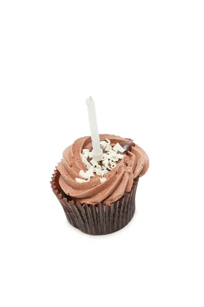 Chocolate Cupcake Candle White Background — Stock Photo, Image