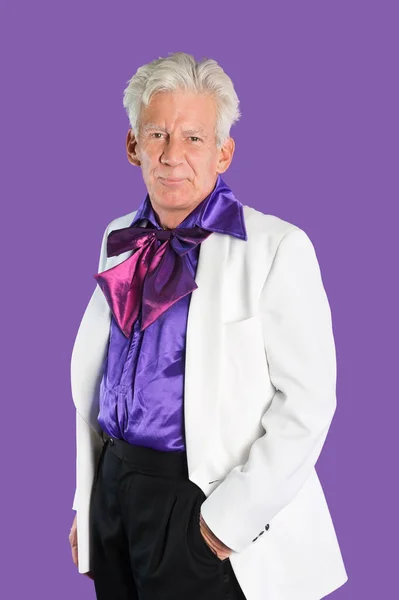 Portrait Senior Man Wearing Old Fashioned Suit Purple Background — Stock Photo, Image