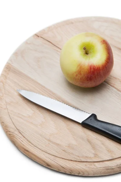 Apple Knife Wooden Plate White Background — Stock Photo, Image