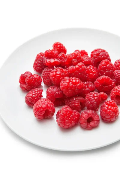 Fresh Raspberries Plate White Background — Stock Photo, Image