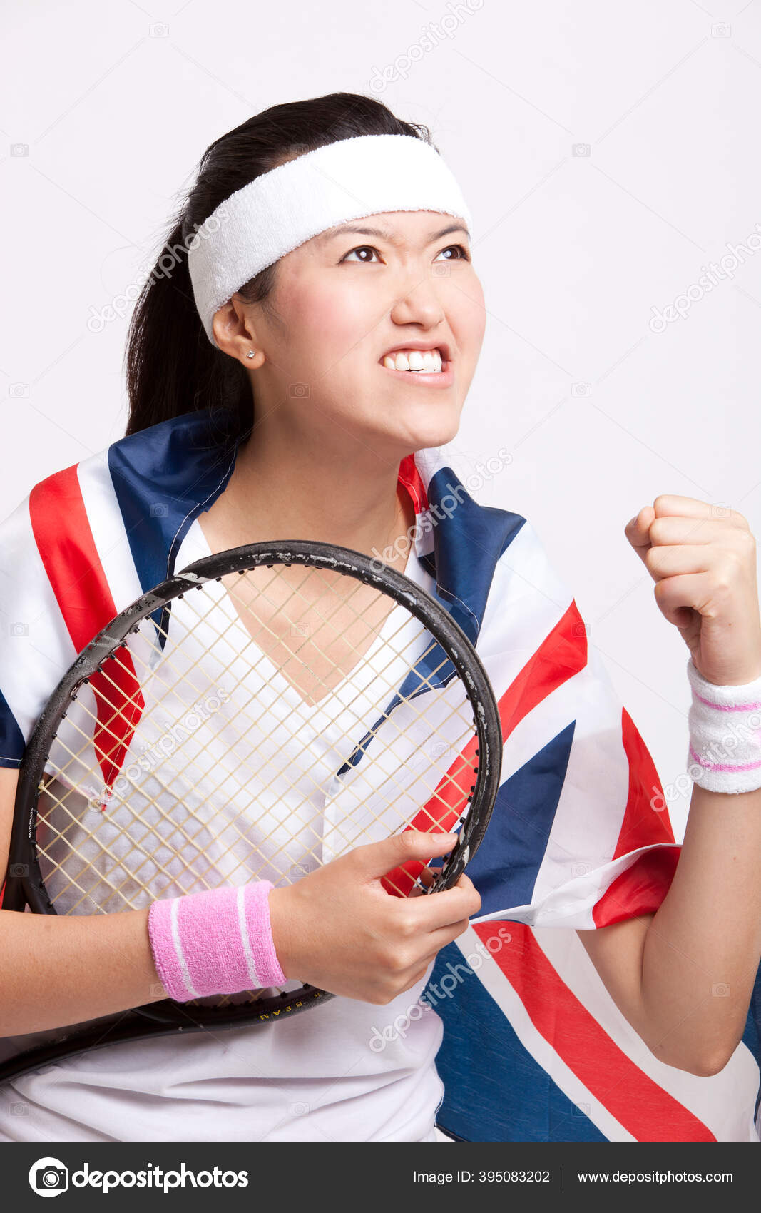 Female Tennis Player British Flag Celebrating Success White Background