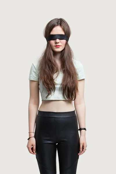 Young Blindfolded Woman Standing Gray Background — Stock Photo, Image