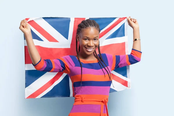 Portrait Young Woman Braided Hair Holding British Flag Light Blue — Stock Photo, Image