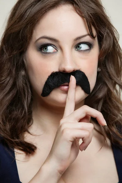 Close Young Woman Finger Lips Wearing Fake Mustache — Stock Photo, Image