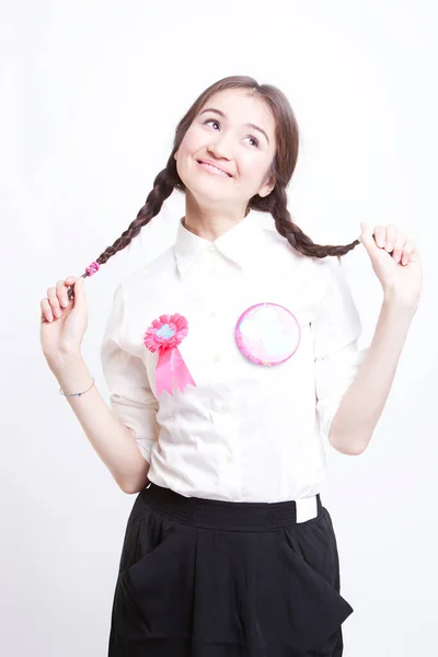 Young Woman Pigtails Daydreaming White Background — Stock Photo, Image