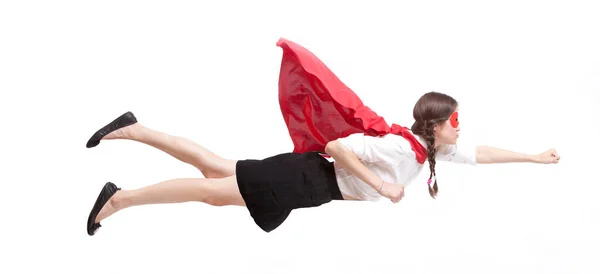 若いですアジアの女性でスーパーヒーロー衣装で飛行姿勢に白の背景 — ストック写真