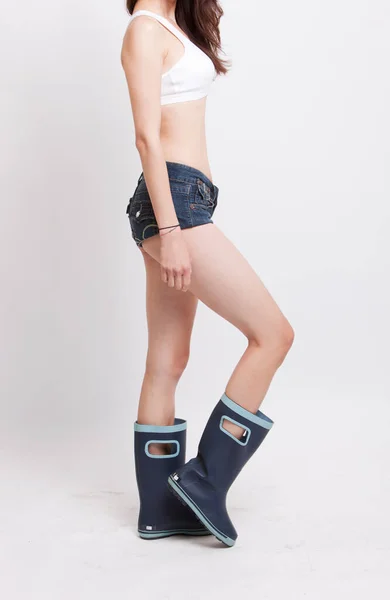 Low Section Young Woman Wearing Hotpants Boots White Background — Stock Photo, Image