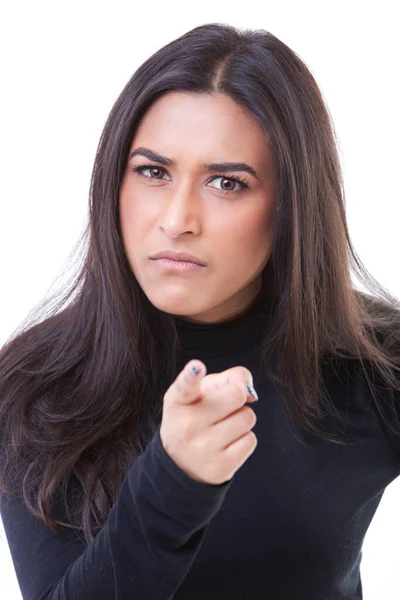 Portrait Angry Woman Pointing Hands — Stock Photo, Image