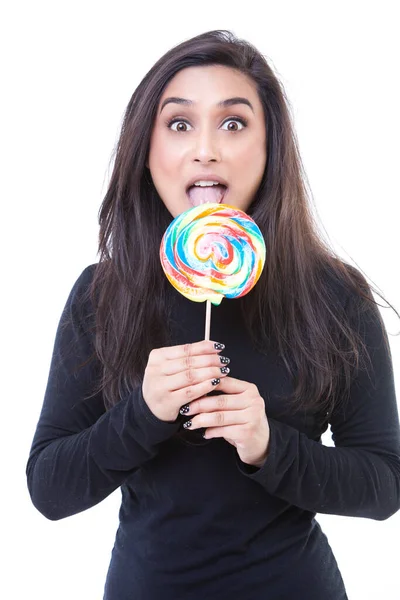 Indian Woman Licking Lollipop Studio — Stock Photo, Image