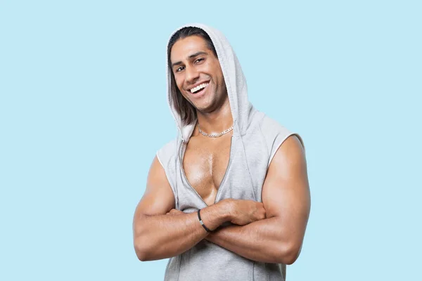 Portrait Happy Young Muscular Man Arms Crossed Standing Blue Background — Stock Photo, Image