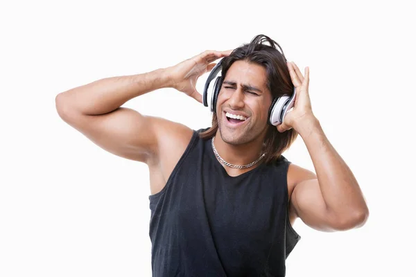 Young Muscular Man Listening Music Headphones White Background — Stock Photo, Image