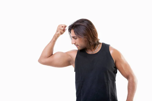Ung Asiatisk Man Böjande Muskler Över Vit Bakgrund — Stockfoto