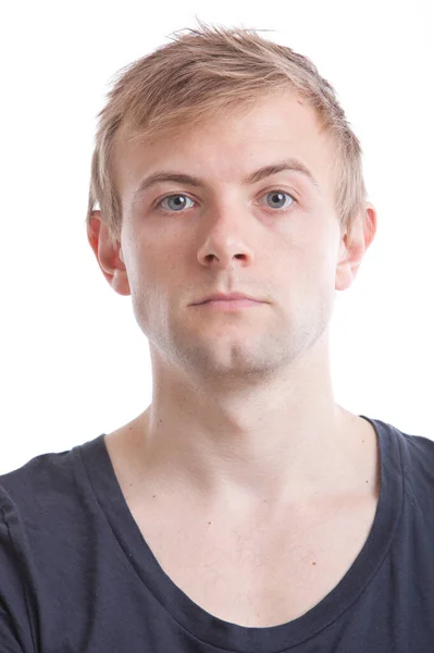 Portret Van Serieuze Jongeman Blauw Tshirt Tegen Witte Achtergrond — Stockfoto