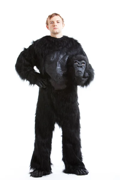 Portrait Young Man Gorilla Costume Hand Hip White Background — Stock Photo, Image