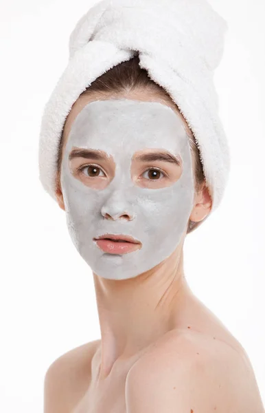 Portrait Young Woman Face Pack Towel Wrapped Head White Background — Stock Photo, Image