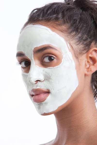 Portrait Young Mixed Race Woman Face Pack White Background — Stock Photo, Image