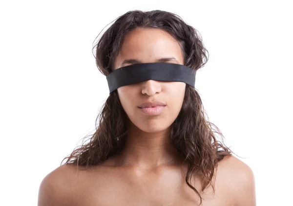 Young Mixed Race Woman Wearing Blindfold White Background — Stock Photo, Image