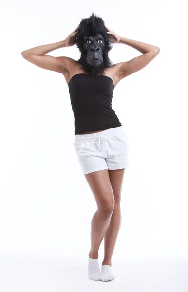 Portrait Young Woman Wearing Gorilla Mask White Background — Stock Photo, Image