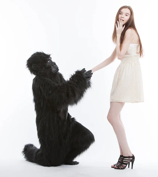 Homme Costume Gorille Proposant Jeune Femme Surprise Sur Fond Blanc — Photo