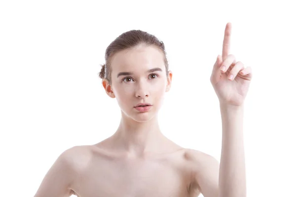 Hemdlos Schöne Junge Frau Zeigt Nach Oben Vor Weißem Hintergrund — Stockfoto
