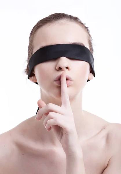 Shirtless Young Woman Blindfold Gesturing Silent White Background — Stock Photo, Image