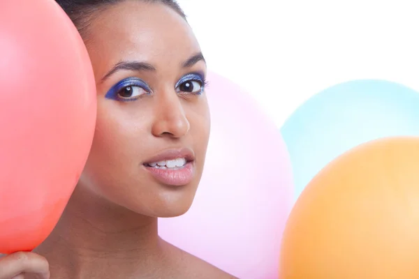 Portrait Beautiful Young Woman Balloons White Background — Stock Photo, Image