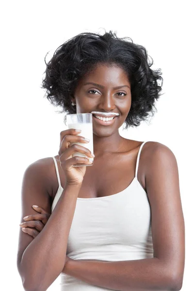 Портрет Счастливой Молодой Женщины Молочными Усами Держащей Стакан Молока — стоковое фото