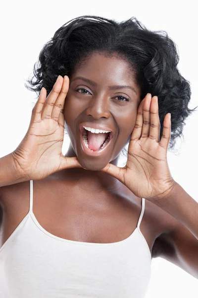 Portrait Playful Young Woman Shouting White Background — Stock Photo, Image