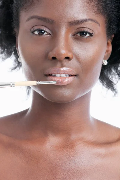 Close Portrait Young Woman Applying Lip Gloss Brush — Stock Photo, Image