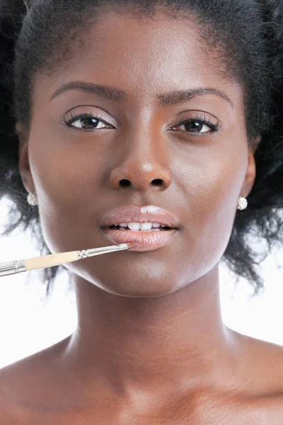 Close Portrait Young Woman Applying Lip Gloss Brush — Stock Photo, Image